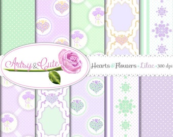 Heart Flower Digital Paper, Shabby Chic Lilac Mint Hand Drawn Heart, Printable Paper for Invitations, Cards, Background Instant Download