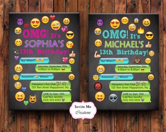 Emoji Birthday Invitation, Emoji Invite, Girl, Personalized, Smiley Face, Emoticons, Iphone, Text, Boy, Teen, Emoji Theme Birthday Party