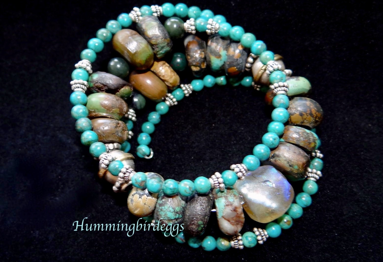 Boho bracelet turquoise basha bead and bali silver wrap