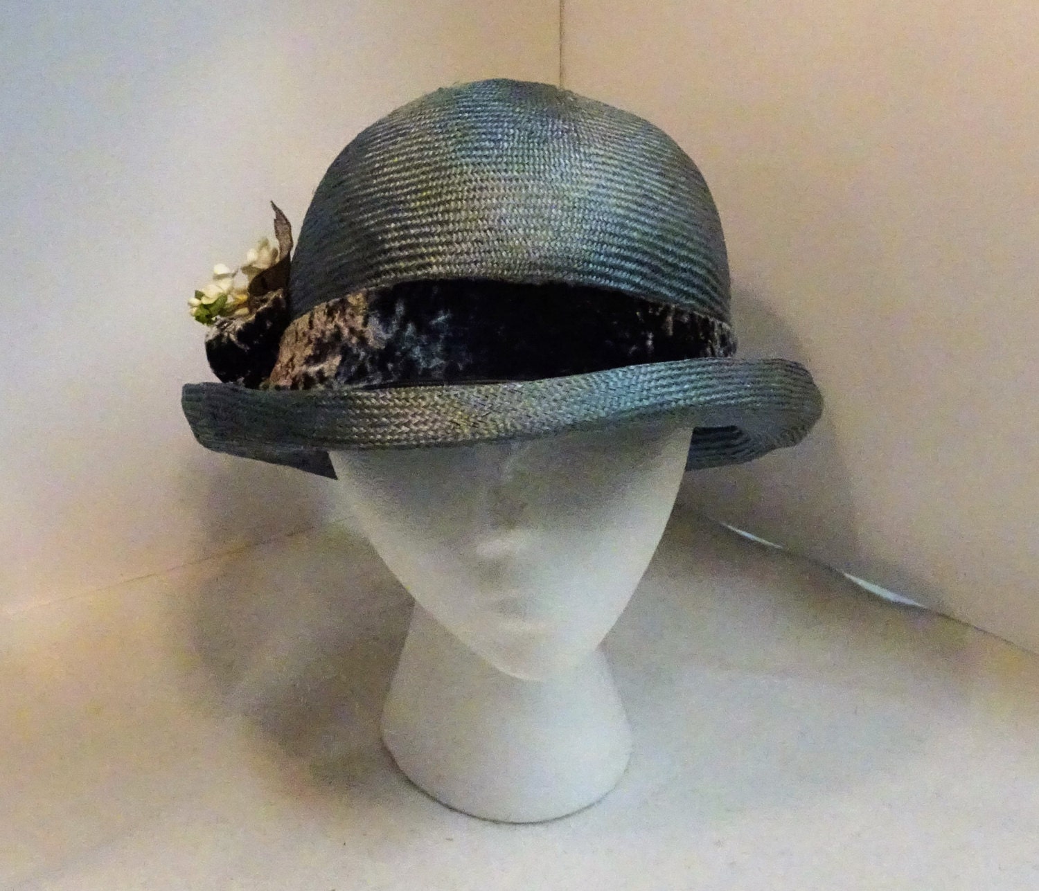 Annie Hall Bowler Hat Blue Parasisal Straw by MMMHats on Etsy