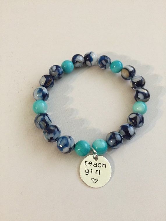 Items similar to Shades of Sea Beaded Bracelet with custom hand stamped ...
