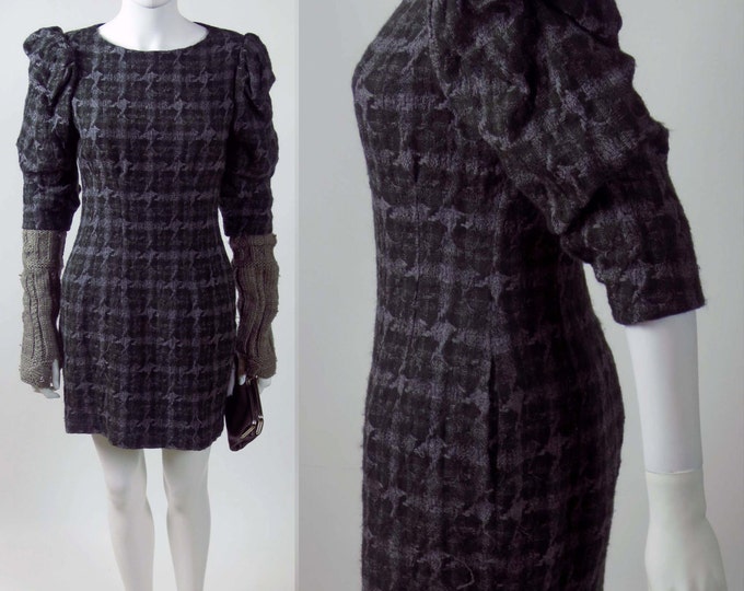 90s Irish wool 3D woven plaid designer vintage puffed sleeve mini dress
