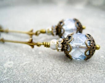 Earrings light blue vintage brass dangles blue rhinestone rondelles ice blue glass beads earrings vintage brass