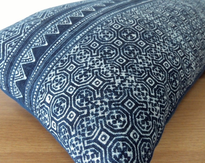 Intricate Design Hmong Handspun Indigo Batik Pillow Cover, Boho Navy Hand Dyed Cotton Throw Pillow, Hill Tribe Ethnic Lumbar Pillow Case