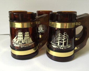 Vintage Siesta Ware Barrel Mugs...Maritime Inspired Amber Glass Beer Mugs..Nautical Sailing Ship Bar Mugs..Man Cave Bar Decor..
