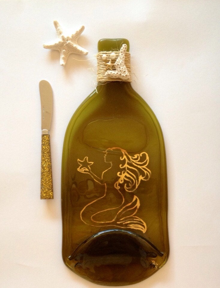 Whimisical Mermaid Design Melted Wine Bottle Cheese Tray/ Home