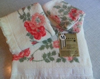 Vintage Mid Century Old Stock Martex Bath Towel Set~Large Bath Towel Hand Towel 2 Washcloths