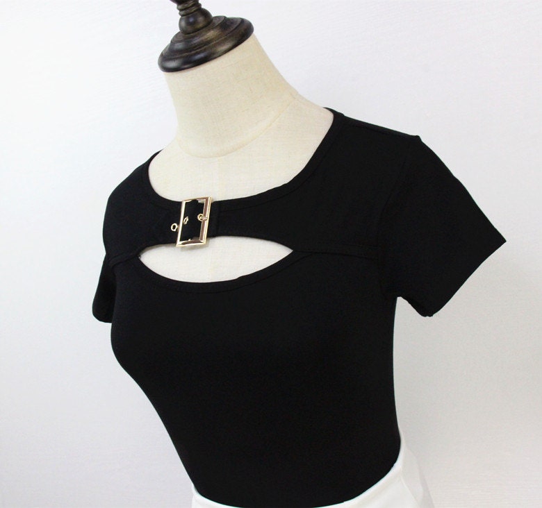 Punk Rock Gothic Goth Top Buckle T Shirt Blouse Crop Top Black