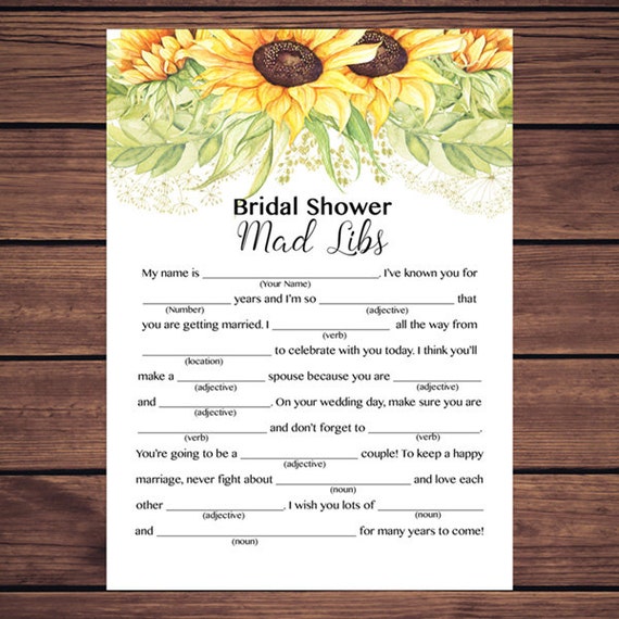 Bridal Shower Mad Libs Game Sunflowers Bridal Shower Mad