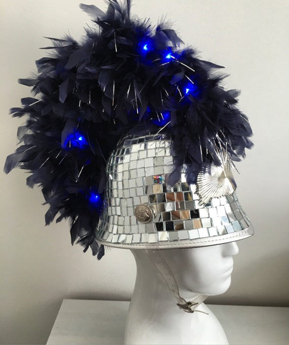 Discoball feather mohawk helmet headdress with blue LED