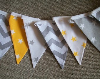 Beautiful Cotton Double Sided Bunting - Grey and Yellow Stars and Chevrons- Nursery, Baby Boy, Christening