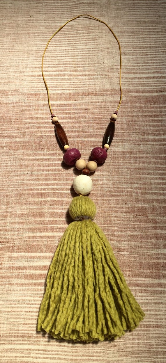 Long tassel green cashmere chunky purple and wooden beads gold