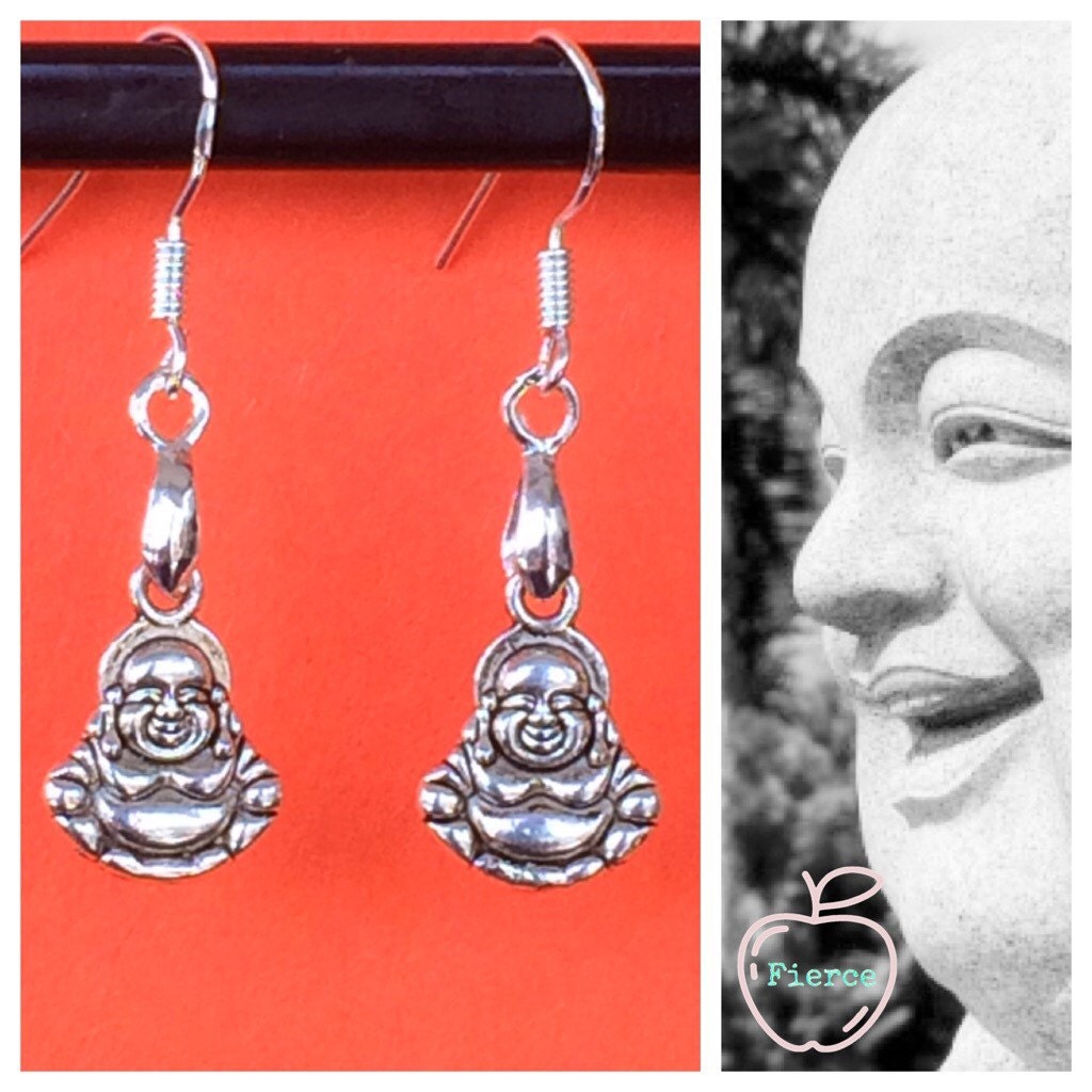 Laughing Buddha Earrings 925 Sterling Silver Wires Happy