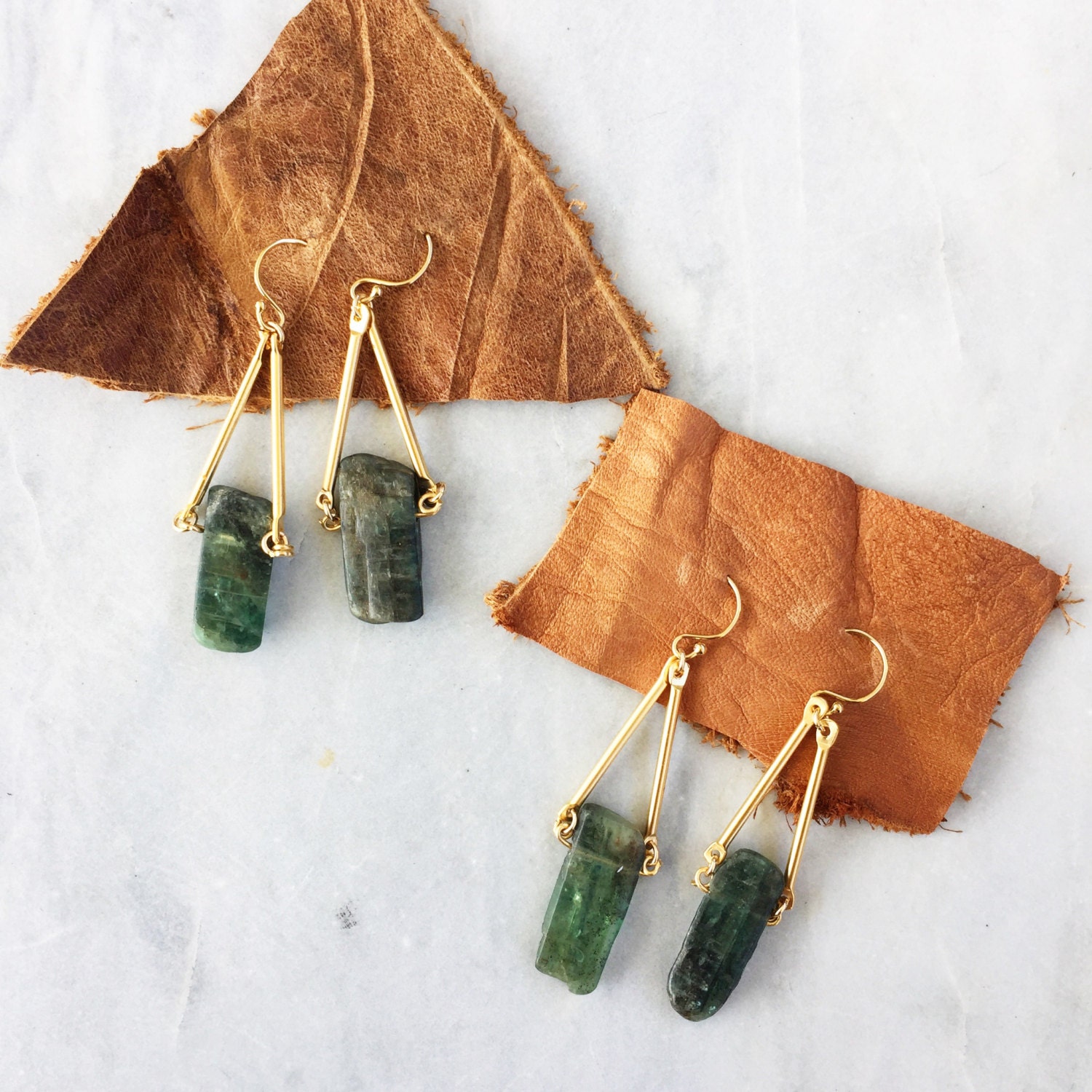 Green Kyanite Dangle Earrings | Raw Stone | Kyanite | 14k gold fill | Geometric