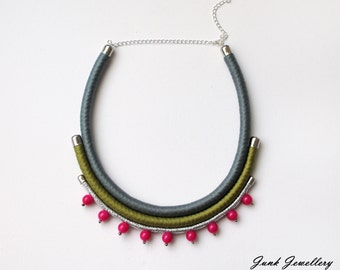 Statement necklace / rope necklace / bib necklace / color block / grey / green / fuchsia / silver / beads / gift for her / handmade