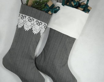 Mr&Mrs Christmas Stocking Grey herringbone white lace velvet Hedgehog Vogue felt 8.5x20'' Pinkismart monochrome