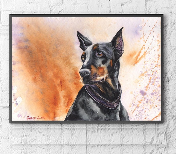 Doberman watercolor Print of the Original Painting art cute