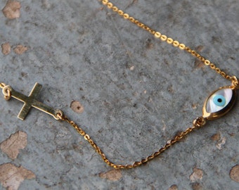 Evil eye necklace,Gold Evil eye,Gold Necklace,Protection Necklace,Good Luck,Cross Sideways,Ivory Evil Eye,Gold Cross,Christian jewelry