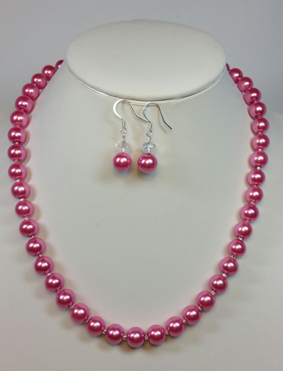 19 Inch Bright Pink Glass Pearl Necklace And Earring Set 3131