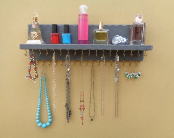 OTHER COLORS TOO - Jewelry Organizer - Necklace Holder - With A Shelf - (35) Hooks - Distressed Dark Gray Finish - Hangers Installed