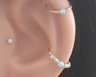 Light-Blue Opal 2mm Helix Earring-Gold Beaded Cartilage Hoop-Silver Helix Piercing- October's Birthstone- 20-24 Gauge- 6-12mm Inner Diameter