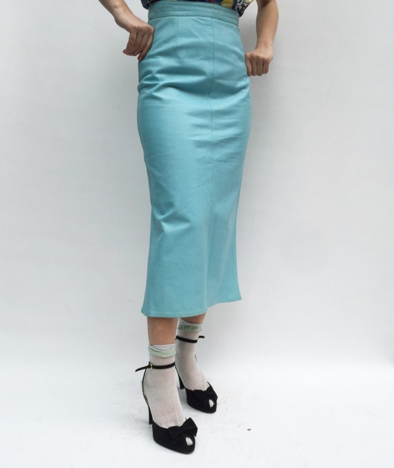 light blue leather skirt