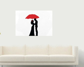 Umbrella Couple Large Modern Minimalist Wedding RED Art Hand Painting On Canvas Contemporary Original Black And
