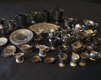 Vintage Lot Of 45 Dollhouse Miniature Pewter Home Decor Plates Pitchers Tankards Kitchen China Cabinet