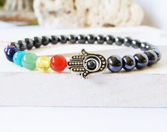 7 Chakra hematite bracelet, Hamsa bracelet, natural stone mala bracelet, balancing bracelet, yoga bracelet, spiritual bracelet