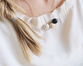 Eclectic Porcelain, Wood, Lava Bead Essential Oil Necklace Diffuser Aromatherapy - Dainty 14K Gold filled 20"