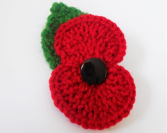 Knitted poppy brooch with leaf, poppy pin flower brooch, Poppy appeal, charity pin, remembrance day, armistice day,charity donation