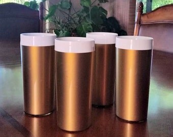 Vintage Thermal Picnic Tumblers Insulated Gold Plastic Glasses Set of 4