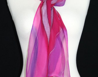 Pink Silk Scarf, Violet Hand Painted Silk Shawl, Handmade Chiffon Silk Scarf COLORADO DAWN-1. 8x54. Birthday, Anniversary Gift. Gift-Wrapped