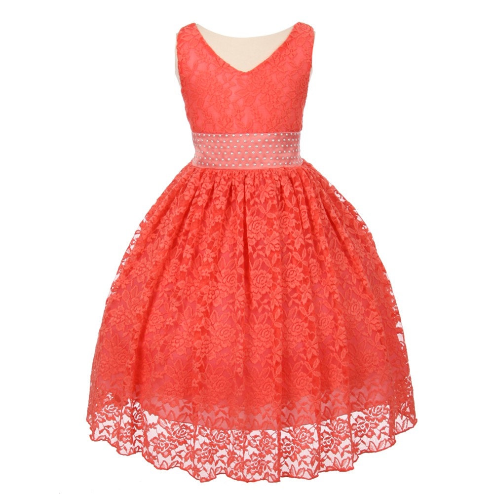 Flower girl dress coral lace with pearl accented by CreativeCabral