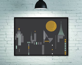 City scape, city prints, city skyline, city art, urban art poster, horizontal print skyline, urban print, horizontal wall art