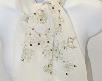 Vintage Silky Crepe Sequined Scarf, Ivory and Gold, Baar & Beards 'A Top Hit Fashion' 1950's Fashion Accessory, Bridal Trousseau