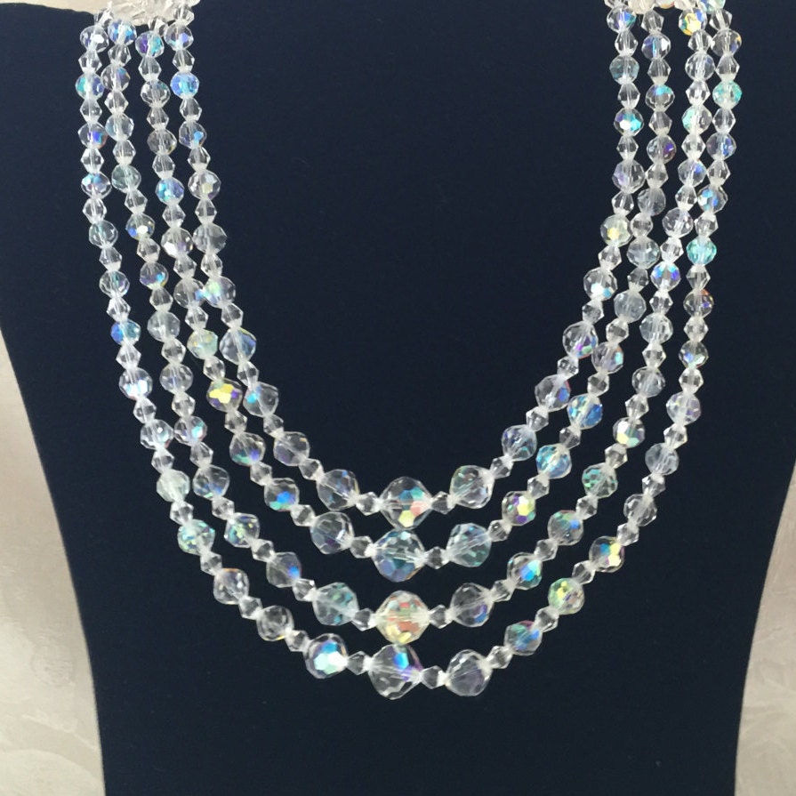 Clear Aurora Borealis Vintage Crystal 4 Four Strand Necklace