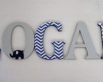 Wood Letters-Nursery Decor- Navy Blue & Grey Elephant theme- Price Per Letter-Custom made -Other Colors available
