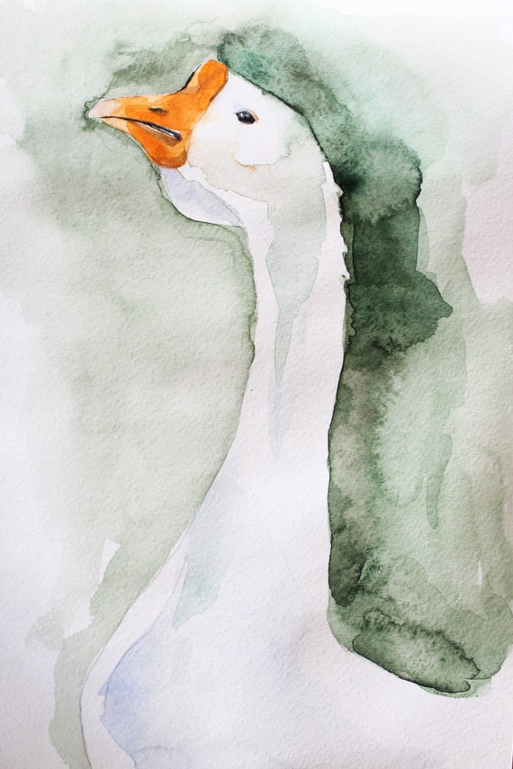 Original Watercolor Painting a white Goose art Home decor