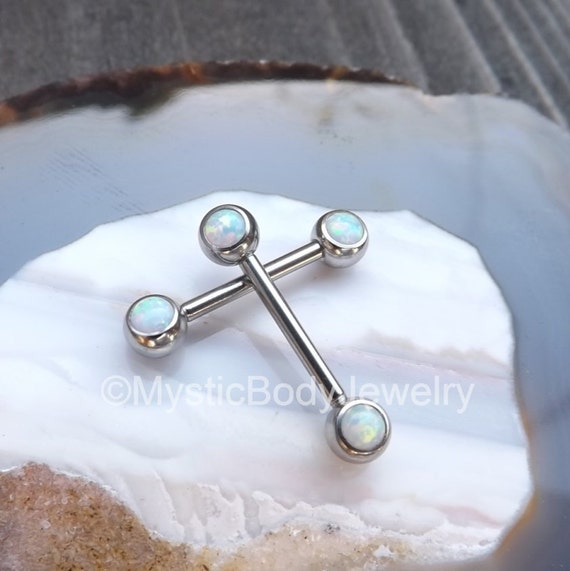 14g Opal Nipple Barbell Ring Pair Silver White by LocalPiercers