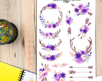 Watercolour Purple Flowers Garland Planner Stickers (S-146)