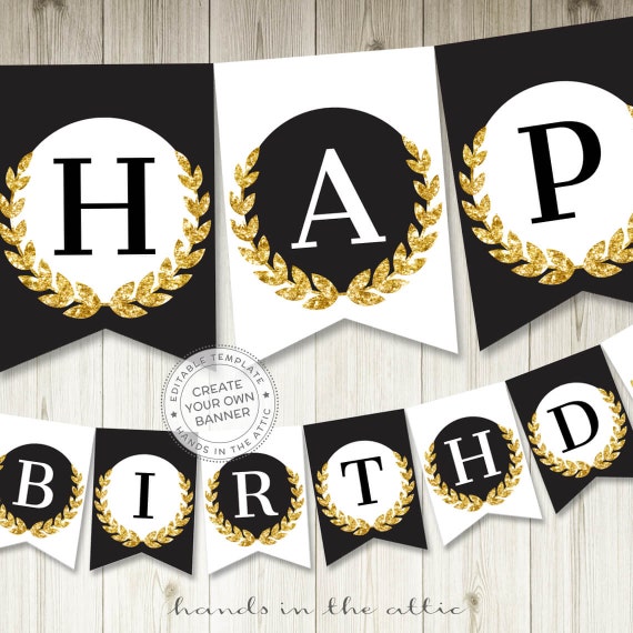 gold glitter party banner gold and black party decor printable black