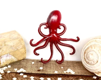 Red Octopus Hook - Nautical Decor - Red Bathroom Decor - Beach Decor - Bathroom Wall Hooks - Necklace Holder - Octopus Wall Art - Red Hooks