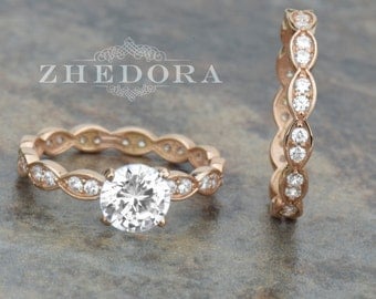 Art Deco Engagement Ring Set In 14k Rose Gold 1.50 TCW , Milgrain Bridal Set