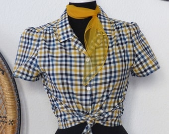40s 50s Blouse Sue yellow blue vichy pattern