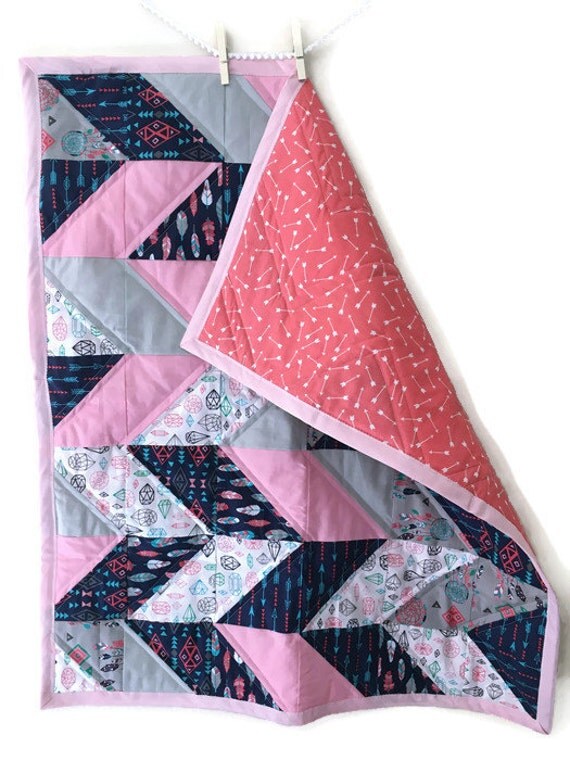 Tribal Pink and Gray Quilt for Baby Girl// Baby Bedding// Girl