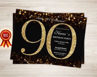 90th Birthday Invitation, Gold Glitter Birthday Party Invite, Women's 90th Surprise Birthday, Confetti Elegant, Printable Digital DIY