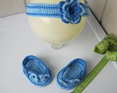 Crochet baby sandals, headband for the child, children's gladiator sandals, baby booties, baby shoes, The light blue, 3-12 m. ready to send