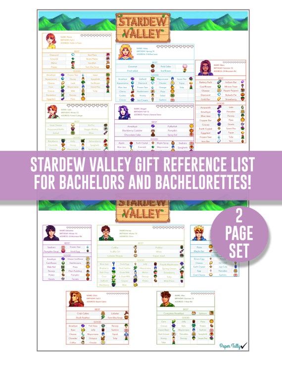 Stardew Valley gift lists bachelors and by PaperTally on Etsy