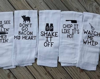 Funny Kitchen Towels Set of 5, Housewarming gift, Hostess Gift, Christmas Gift, Holiday Gift, Funny Gift, White Elephant